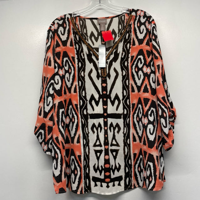 Chico's Size 2-L Women's Brown-Coral Pattern Tunic Long Sleeve Top