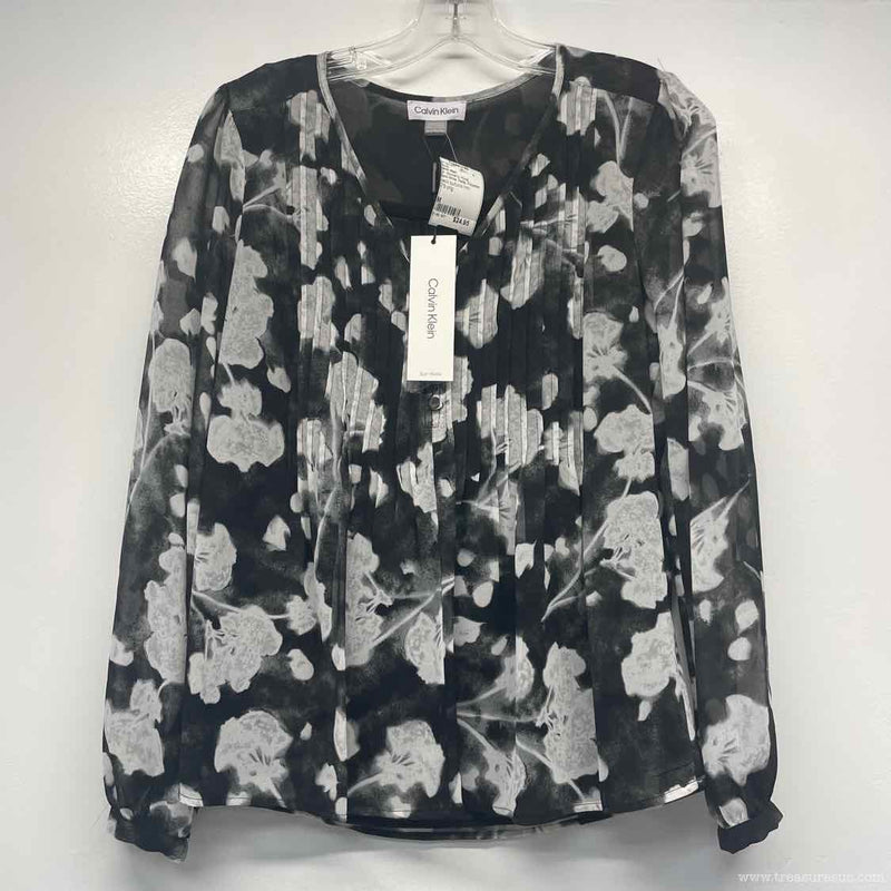 Calvin Klein Size M Women's Black-White Floral V Neck Blouse