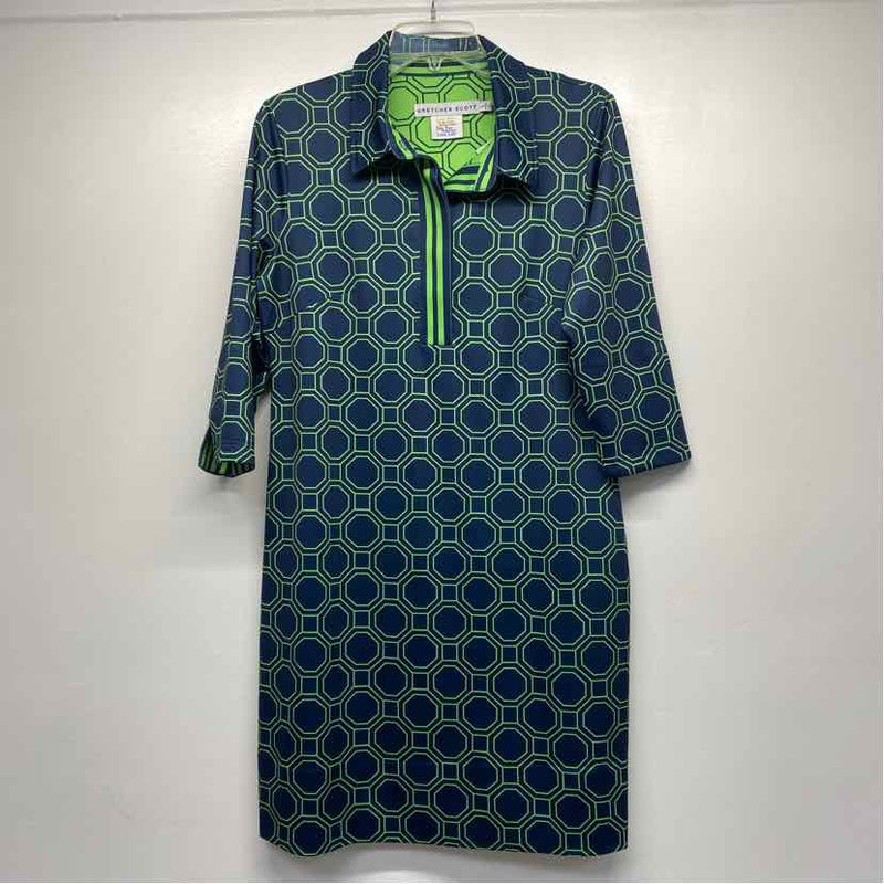 Gretchen Scott Size M-L Women's Navy-Green Geometric Shift Dress