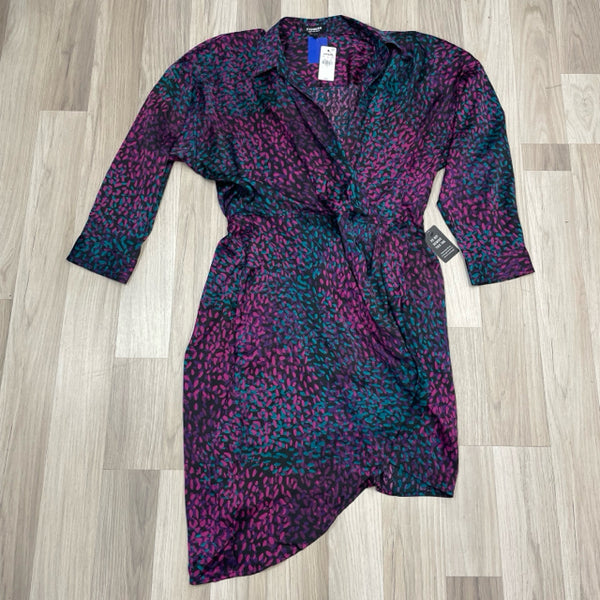 Express Size L Women's Purple-Multicolor Pattern Faux Wrap Dress