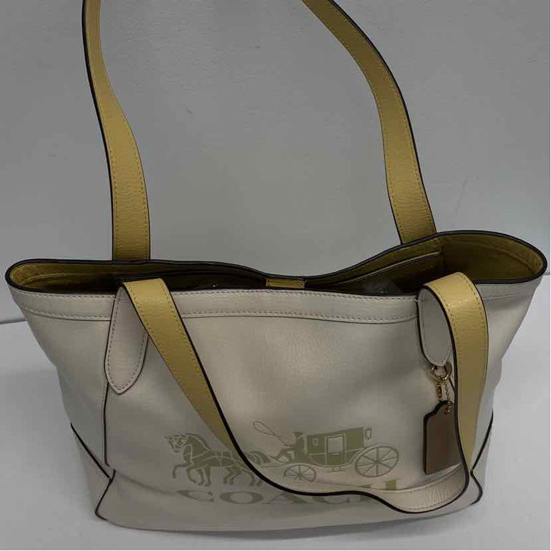 Coach Beige Leather Embossed Trademark Tote Handbag