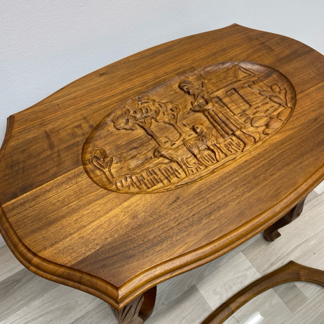 Brown Wood Carved Side Table w Removable Glass Tray