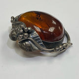 Oval Polished Baltic Amber Stone Set in Sterling silver with Foliate and Floral