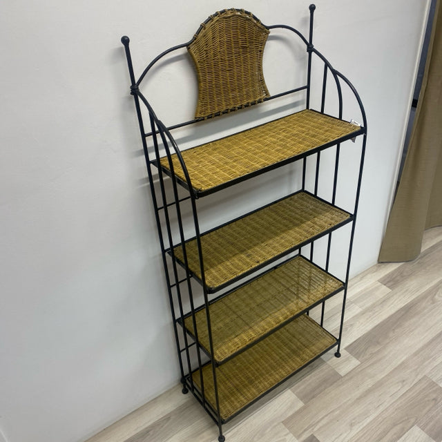 Folding Black-Tan Metal- Wicker Baker's Rack