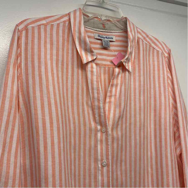 Tommy Bahama Size Xl Women's White-Coral Stripe Button Up Shirt