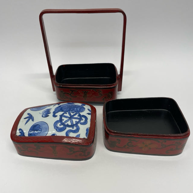 Chinese Red Lacquer and porcelain top Stacking 3 compartment Box