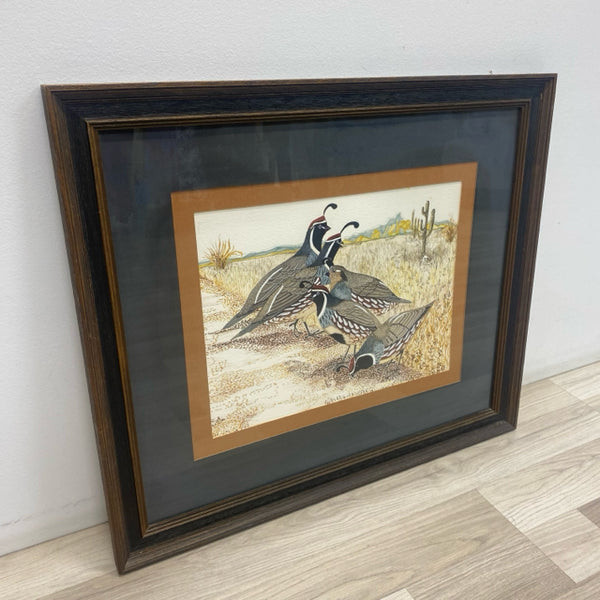 Brown Wood Framed Painting Gambel Quail by Norma J. Jepsett 1971