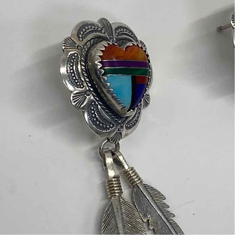 Silver-Multicolor Sterling Silver Heart Shape Southwestern Earrings