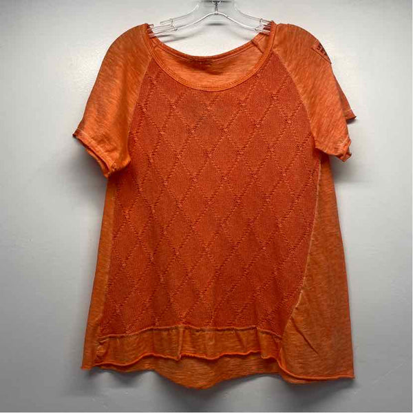 Angela Mara Size M Women's Orange Patchwork Crew Neck Short Sleeve Top