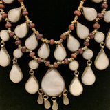 Necklace bib brass wood silver stones 3 layers