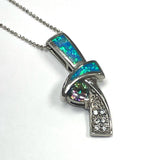 Sterling silver necklace with ribbon shape pendant blue opal and cubic zirconia