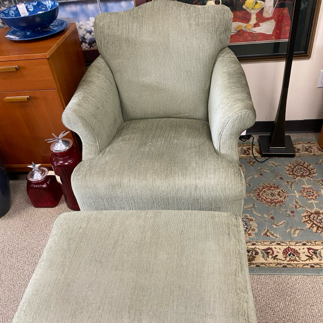 Green Fabric Textured Arm Chair and Ottoman