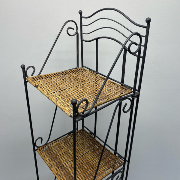 Black-Brown Wrought Iron Shelf with Wicker Shelves