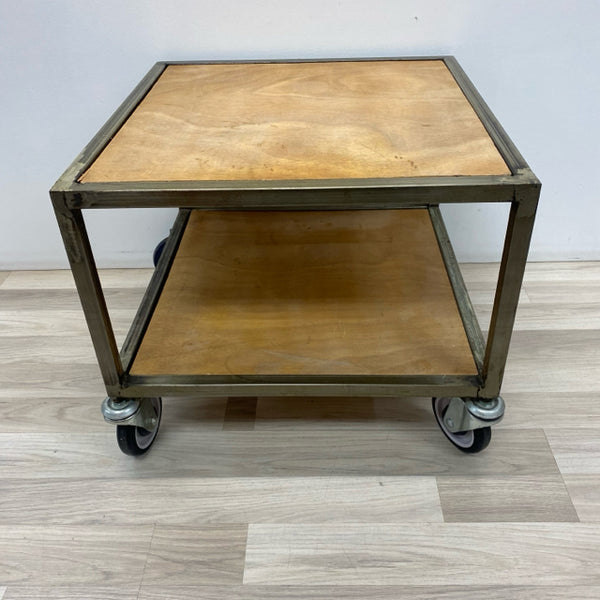 Handmade Industrial Tan Wood-Metal Rolling Table