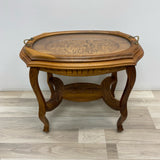 Brown Wood Carved Side Table w Removable Glass Tray