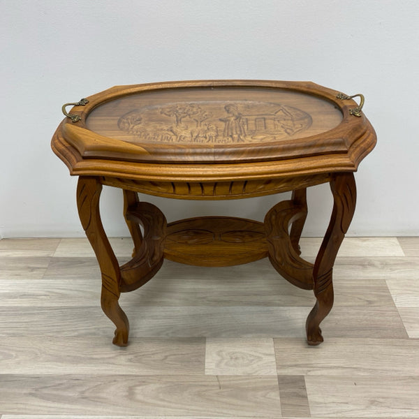 Brown Wood Carved Side Table w Removable Glass Tray