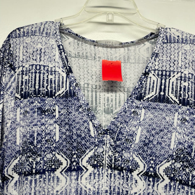 Tart Size M Women's Blue-White Pattern Shift Short Sleeve Dress
