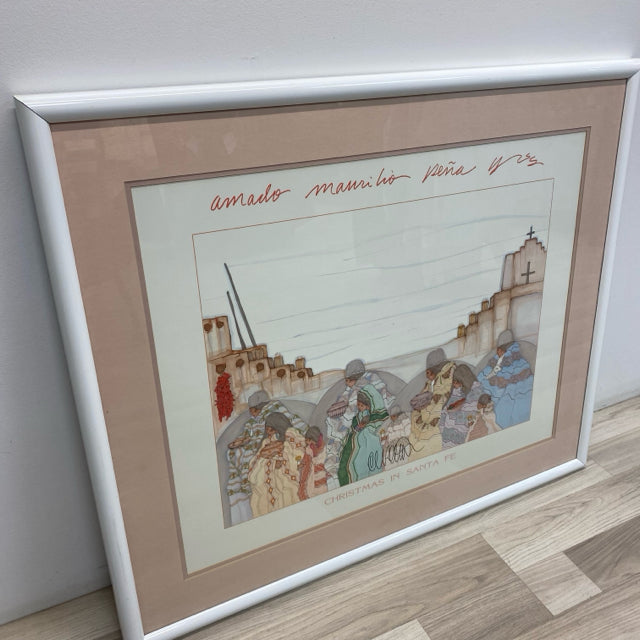 White Framed Painting Christmas in Santa Fe by Amado Maurilio Pena