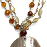 Carnelian, shell and pearls 3 chain strand necklace