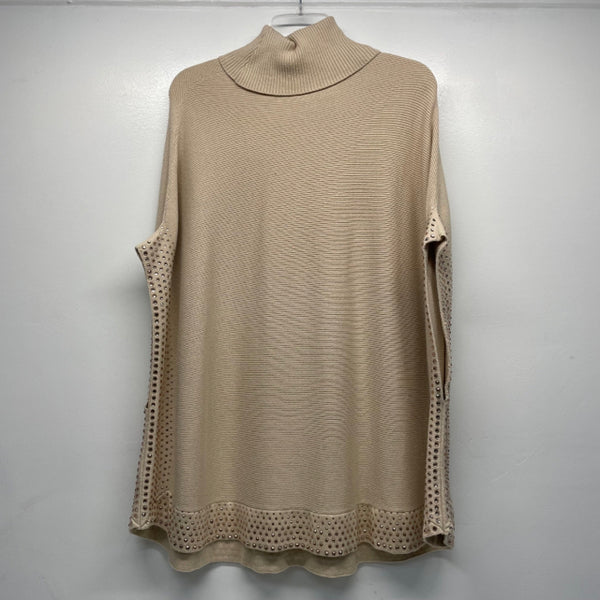 Reba Size L-M Women's Beige Beaded Turtle Neck Poncho-Cape