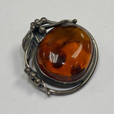 Oval Polished Baltic Amber Stone Set in Sterling silver with Foliate and Floral
