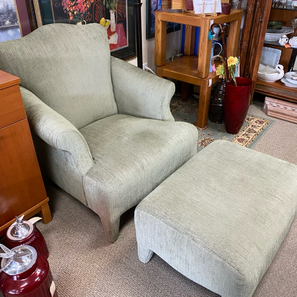 Green Fabric Textured Arm Chair and Ottoman