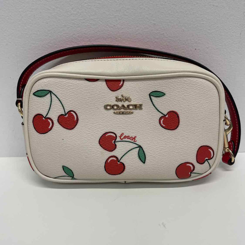 Coach White-Red Leather Cherries Print Wristlet Clutch