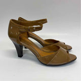 Sofft Size 8.5 Women Solid Brown Patent Leather-Suede Open Toe Ankle Strap Heels