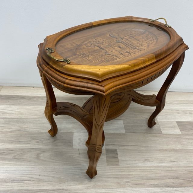 Brown Wood Carved Side Table w Removable Glass Tray