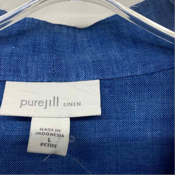 Pure Jill Size L Women's Blue Tweed Button Neck 3/4 Sleeve V Neck Blouse