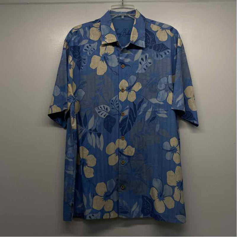 Tommy Bahama Size L Blue-White Silk Floral Men's Men's Short Sleeve Shirt