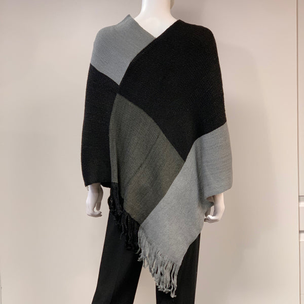 Prajnic Size One Fits All Black-Gray Color Block Poncho-Cape