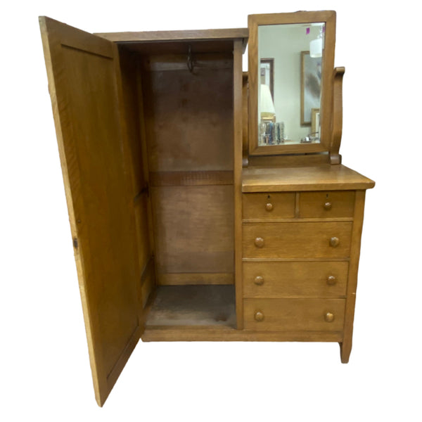 Brown Wood Dressers/Chest w Hanging Cupboard, 5 Drawers and Mirror