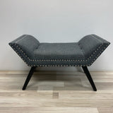 Gray bench silver nailhead trim and black solid wood legs