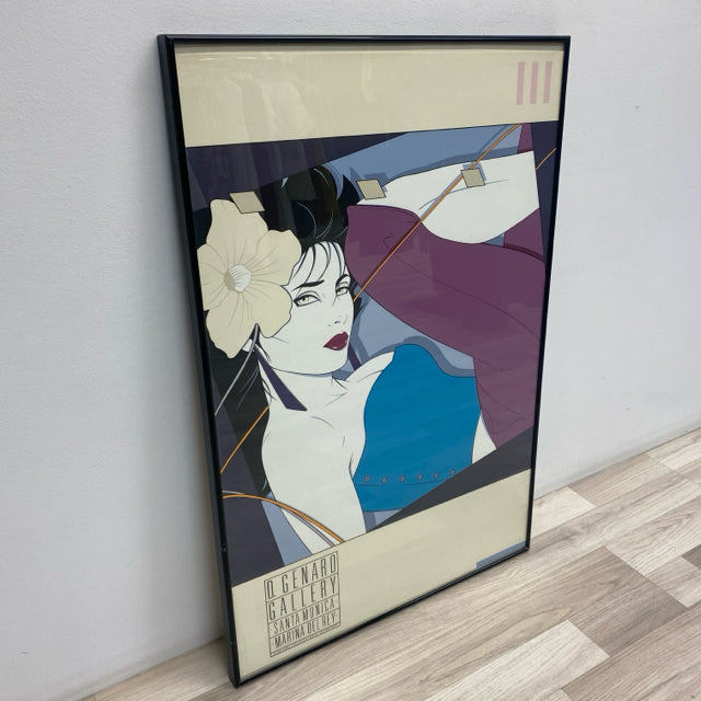 Framed Print of Woman in Aqua Top and Purple Pants by Patrick Nagel