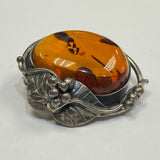 Oval Polished Baltic Amber Stone Set in Sterling silver with Foliate and Floral