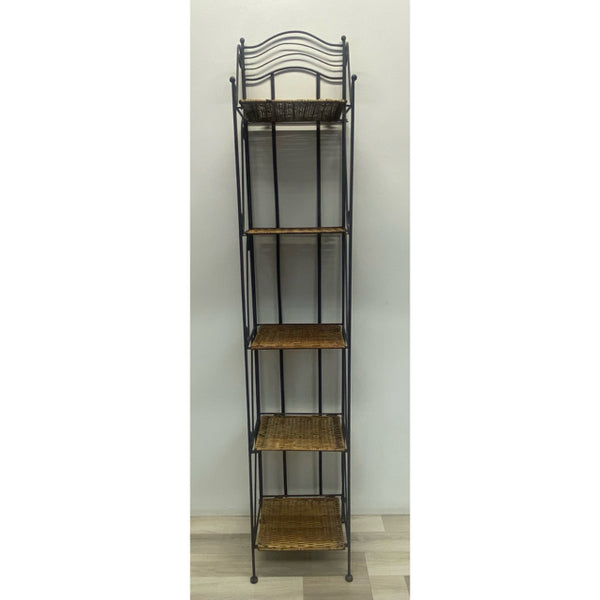 Black-Brown Wrought Iron Shelf with Wicker Shelves