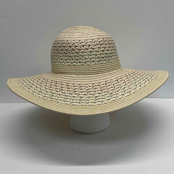 BCBG Generation Tan- Multi Pattern Round Adjustable Straw Hat