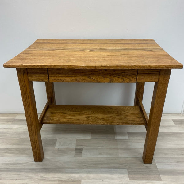 Brown Oak Desk with Front Drawer and Bottom Shelf