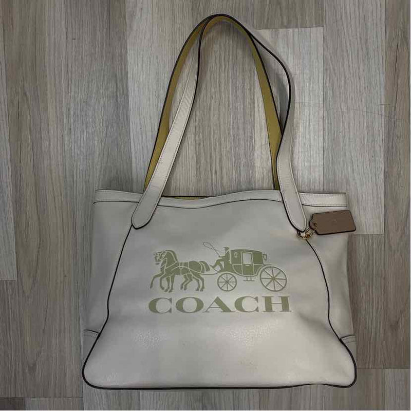 Coach Beige Leather Embossed Trademark Tote Handbag Treasures Upscale Consignment