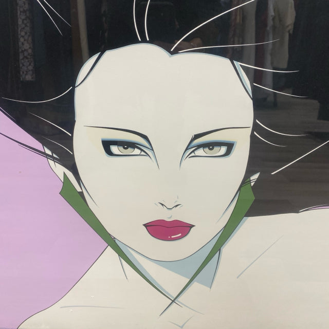 Framed Print of Woman with Long Green Earrings by Patrick Nagel