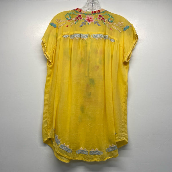 Johnny Was Size S Women's Yellow-Multicolor Embroidered Tunic Short Sleeve Top