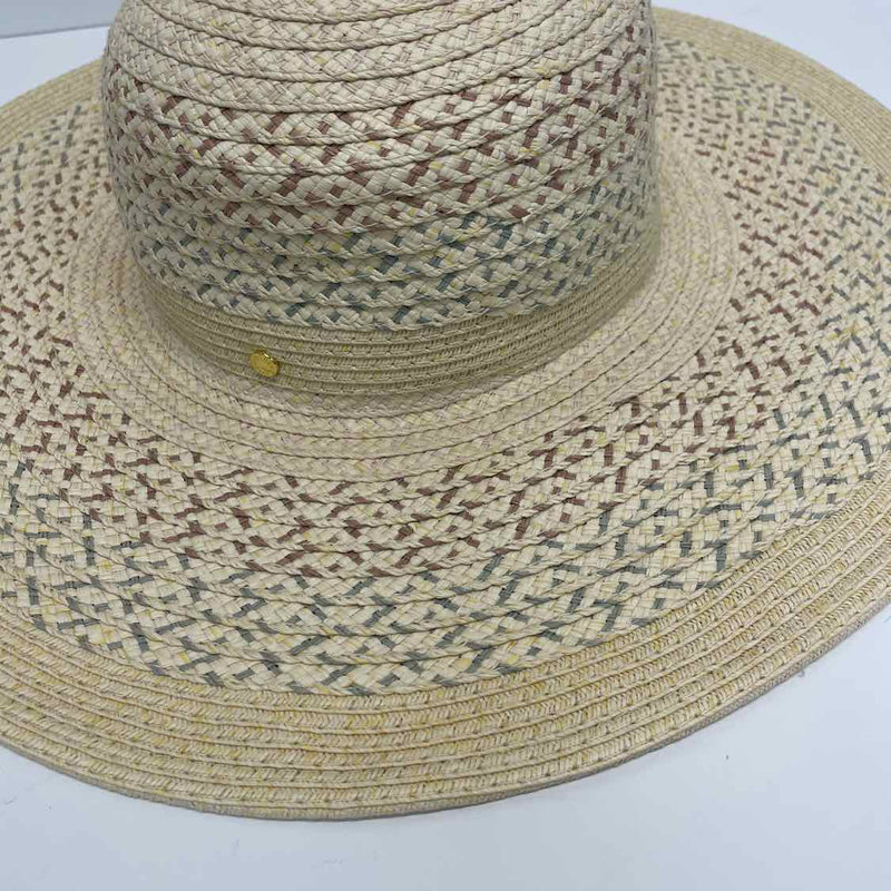 BCBG Generation Tan- Multi Pattern Round Adjustable Straw Hat