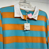 Kule Size L Women's Blue-Orange Stripe Polo Long Sleeve Top