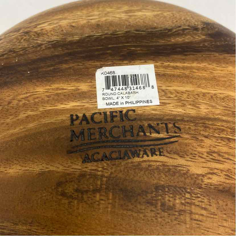 Made in Phillippines Round Brown Acacia Wood Calabash Salad Bowl w Serving Tongs