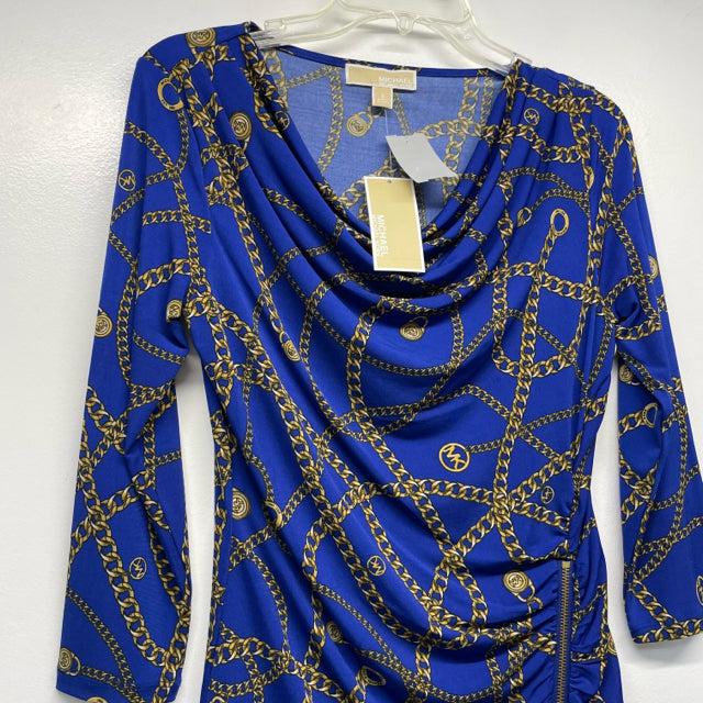 Michael Michael Kors Size S Women's Blue-Gold Print Cowl Neck Blouse