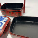 Chinese Red Lacquer and porcelain top Stacking 3 compartment Box