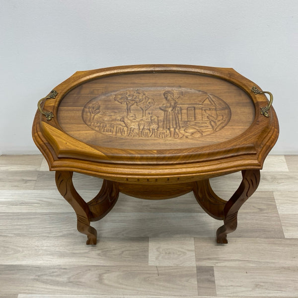 Brown Wood Carved Side Table w Removable Glass Tray