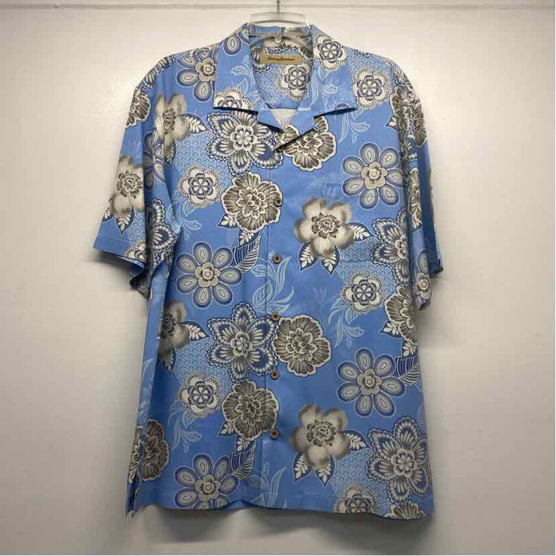 Tommy Bahama Size L Blue-White Silk Pattern Men's Men's Short Sleeve Shirt