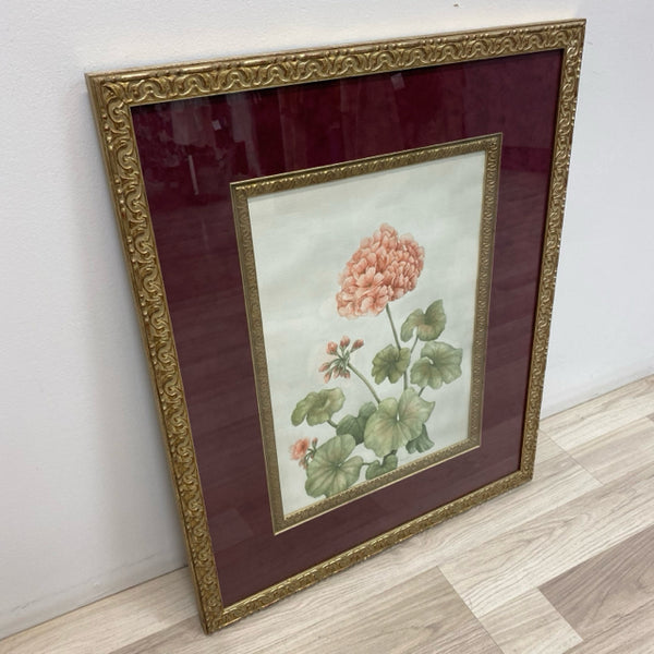Pink Flower with green leaves signed Painting
